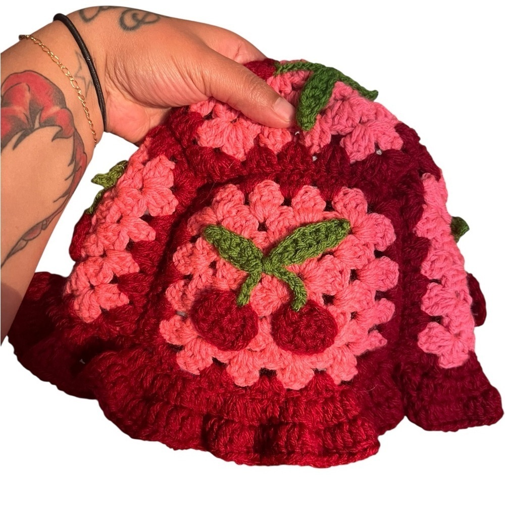 π Handmade Crochet Cherry Ruffle Hat π - Picture 3 of 6